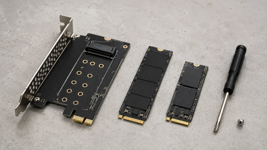 M.2増設カードとNVMe・SATAタイプのM.2 SSD