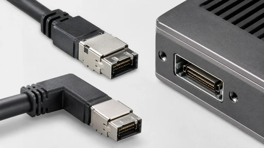 OCuLinkケーブルのストレート型とL字型コネクタおよび機器側接続ポート