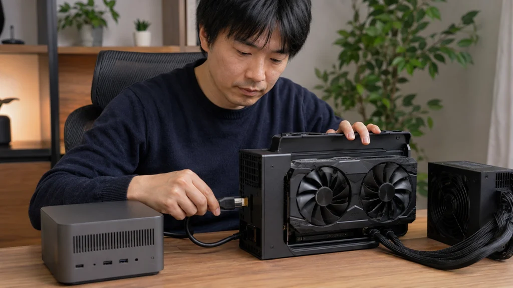 OCuLinkケーブルでミニPCとeGPUドックを接続する作業