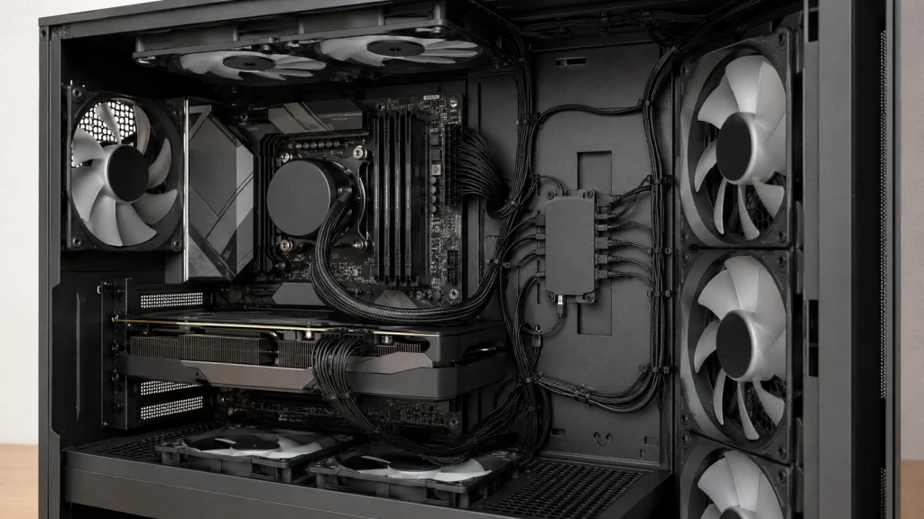 複数のケースファンをファンハブに接続した自作PC内部