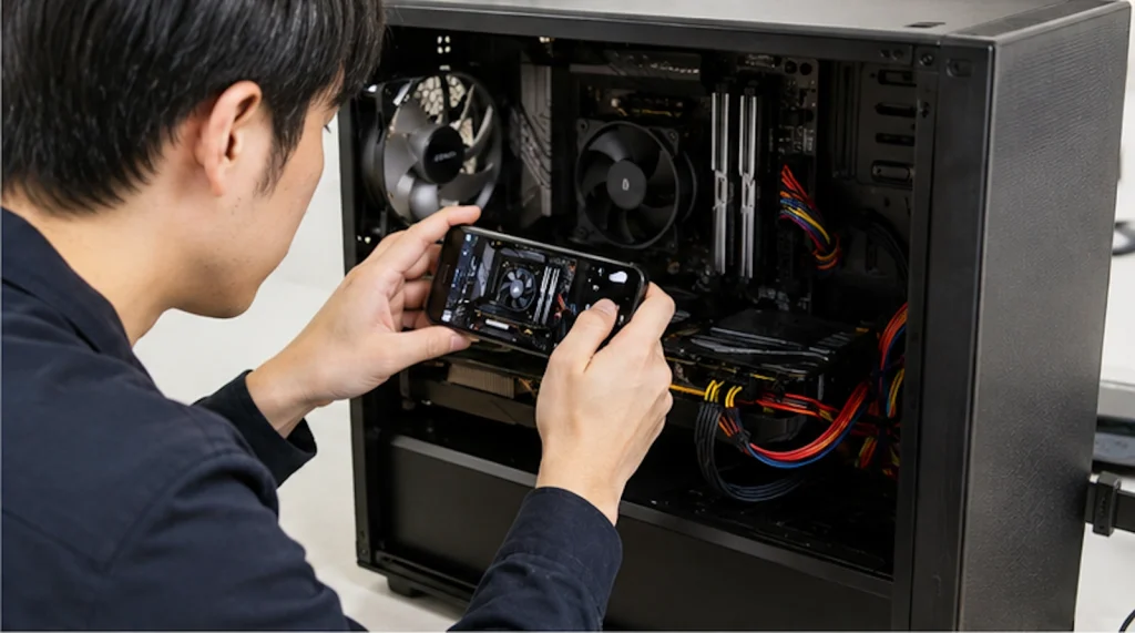 PCケース交換前にスマートフォンでPC内部の配線やパーツ構成を撮影する様子
