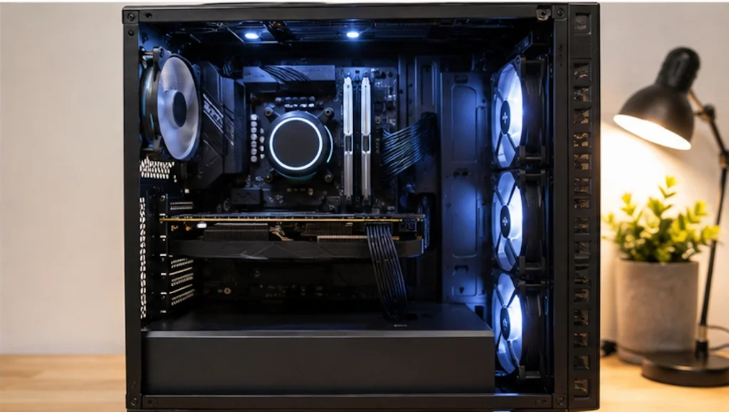 新しいPCケース内の配線とエアフローを整え、組み立て後にPCの起動状態を確認する様子