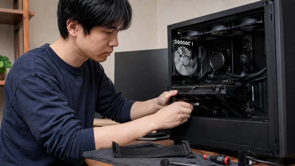 ライザーケーブルを外してグラフィックボードを直挿し確認するPCトラブル診断