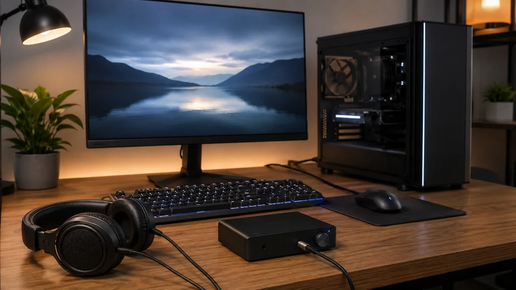デスクトップPCとヘッドホンに接続した外付けUSBオーディオ機器の使用例