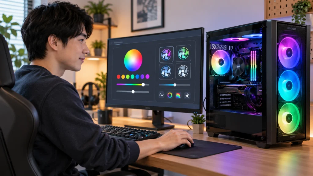 PCの制御ソフトでARGBファンの色を変更している様子