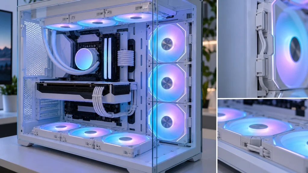 連結式ARGBファンを多数搭載した白いピラーレスPCケース