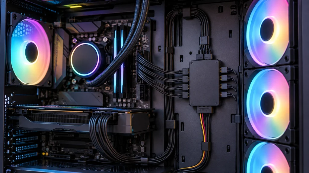 複数のARGBファンをファンハブへ接続したPC内部