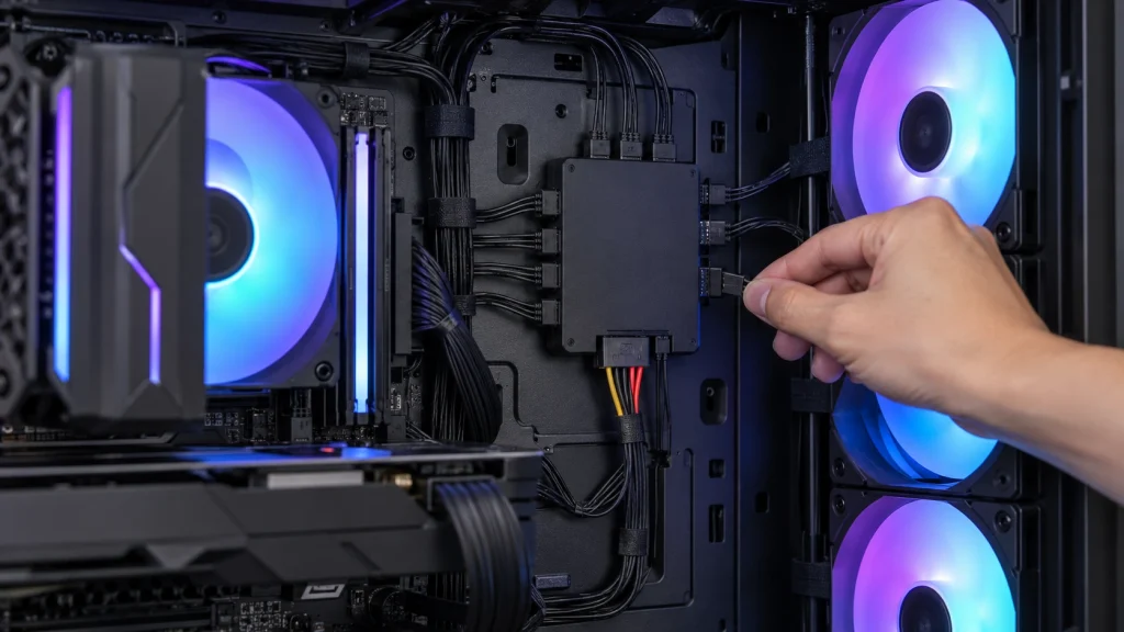 複数のARGBファンをファンハブへ接続したPC内部の配線