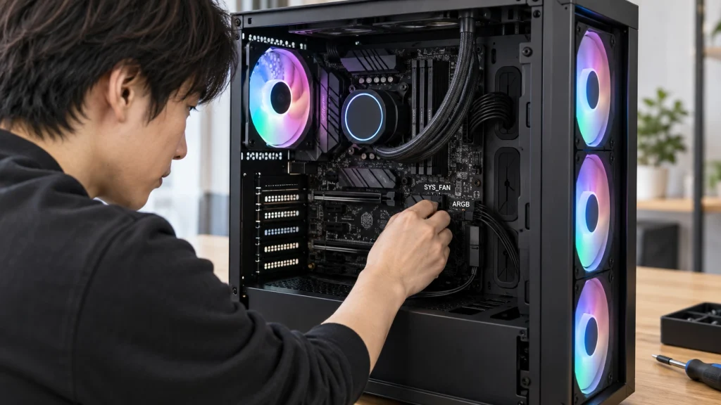 ARGBファンをマザーボードへ接続するPC組み立て作業