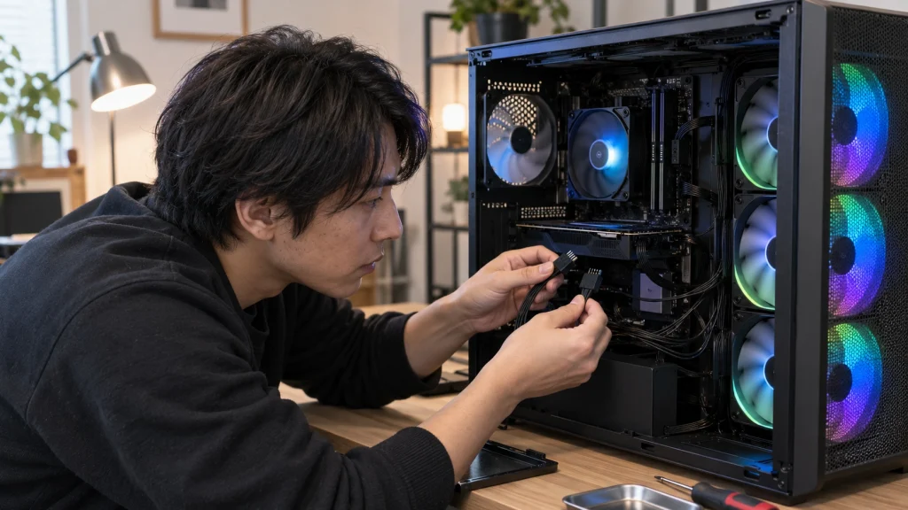 ARGBファンの色が変わらない原因を確認するため配線を点検する様子