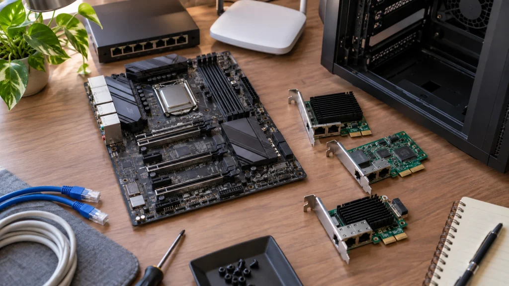 2枚挿し用のPCIe LANカードとマザーボードを比較して選ぶ様子