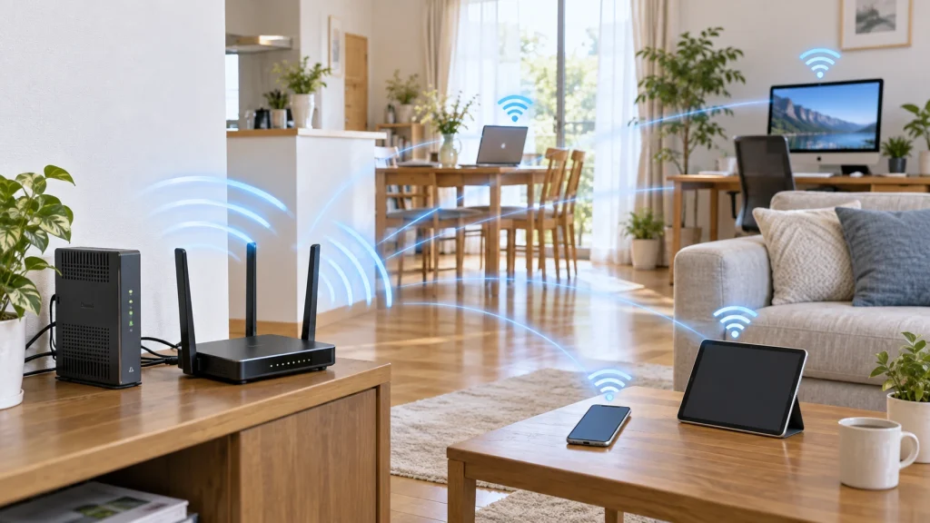 Wi-Fiルーターからスマホやパソコンなど家庭内の複数端末へ無線接続している様子