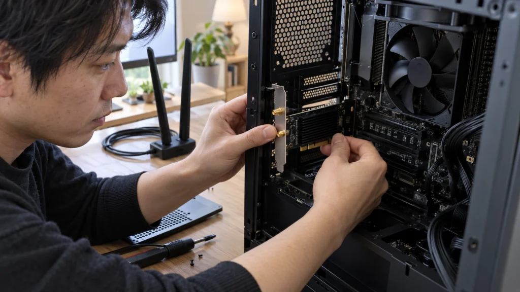 デスクトップPCのPCIeスロットへ無線LANカードを取り付ける様子