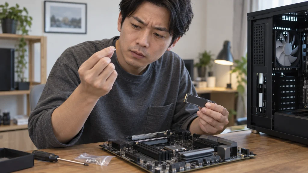 M.2 SSDの取り付けネジを手に持ち、マザーボードへの取り付け方法を確認する男性
