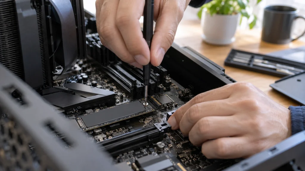 精密ドライバーを使ってM.2 SSDをマザーボードのスペーサーへ固定している取り付け作業