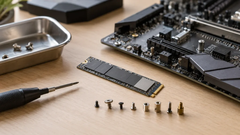 M.2 SSD用の複数サイズの固定ネジとスペーサーをマザーボード横で比較している様子