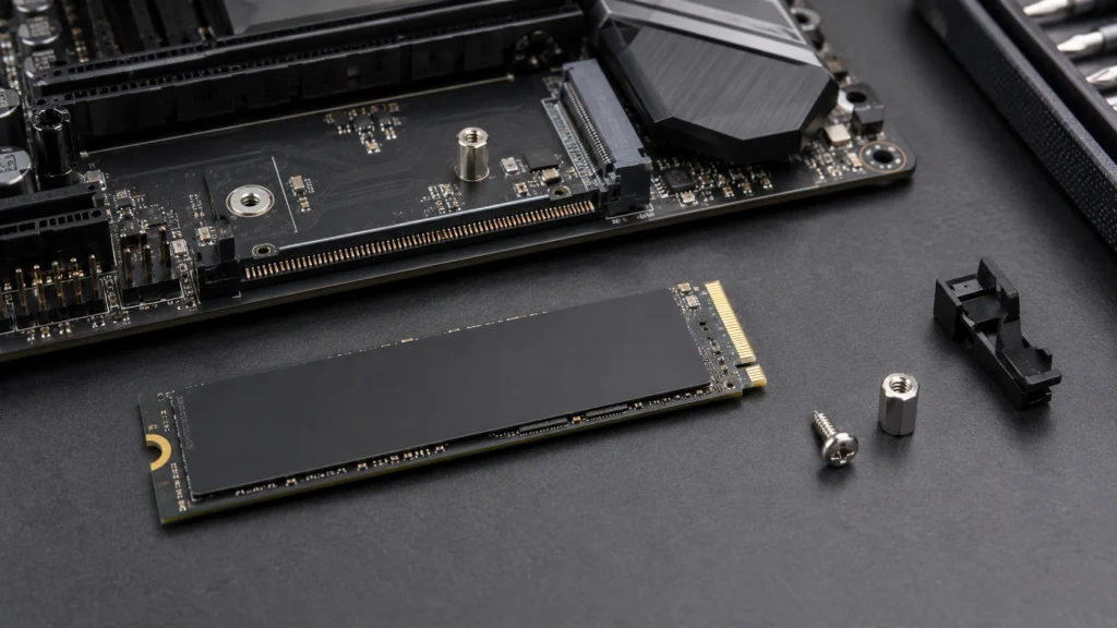M.2 SSDと固定ネジ、スペーサー、ネジ不要の固定用ラッチを並べたマザーボード周辺部品