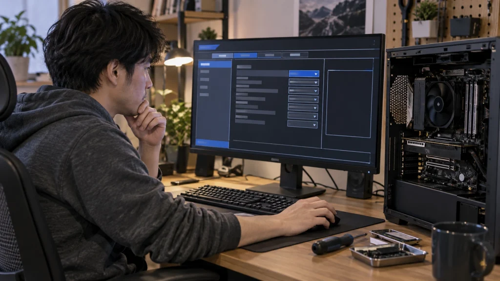 自作PCのBIOSでPCIe bifurcation設定を確認する人物の画像