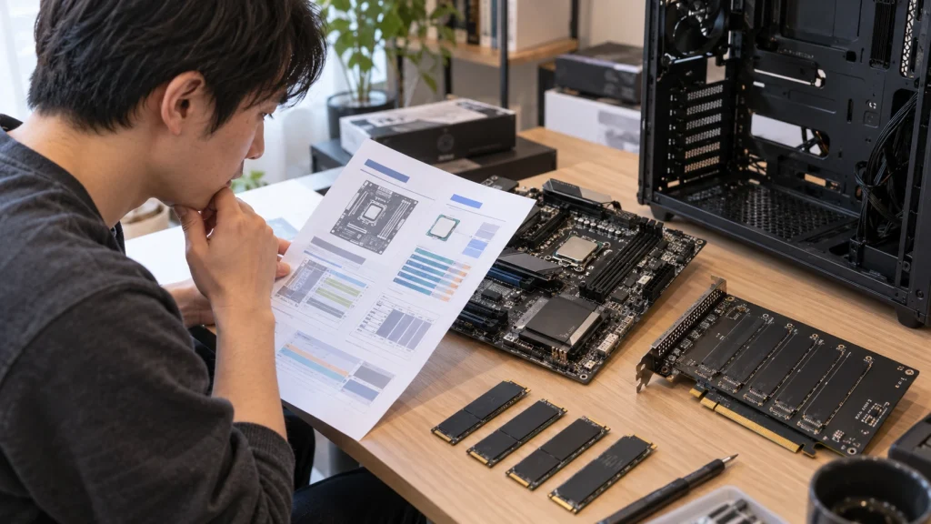 マザーボードとM.2増設カードのPCIe bifurcation対応を確認する様子