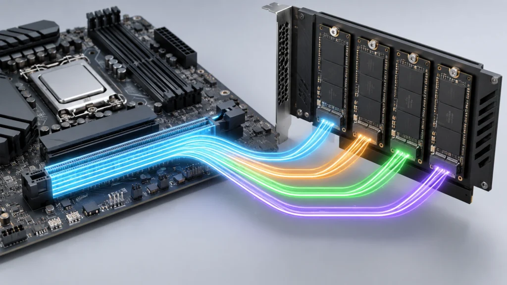 PCIe x16のレーンを4系統に分割して4枚のNVMe SSDへ接続するbifurcationのイメージ