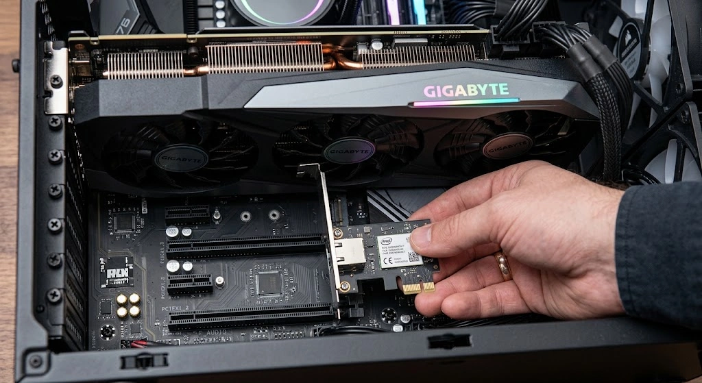 大型グラフィックボード下のPCIeスロットへLANカードを増設する様子