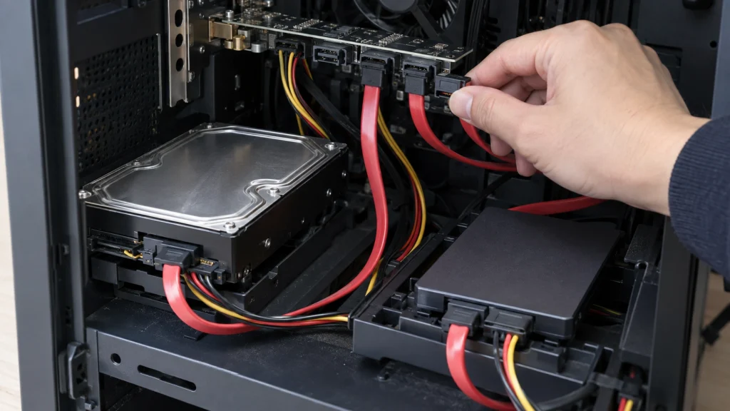SATA増設カードからHDDとSSDへデータケーブルと電源を接続する様子