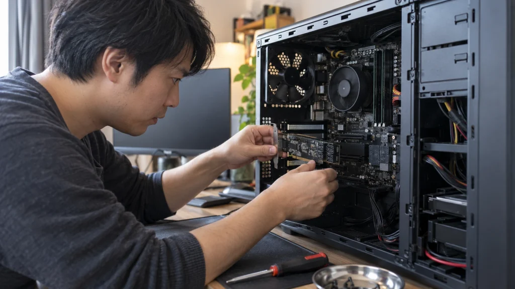 SATA増設カードをPCIeスロットへ挿し直して認識不良を確認する様子