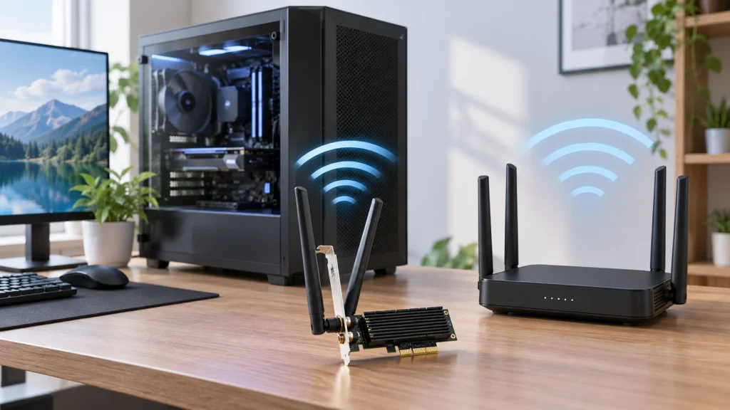 デスクトップPC用無線LANカードとWi-Fiルーターの違いを示したイメージ