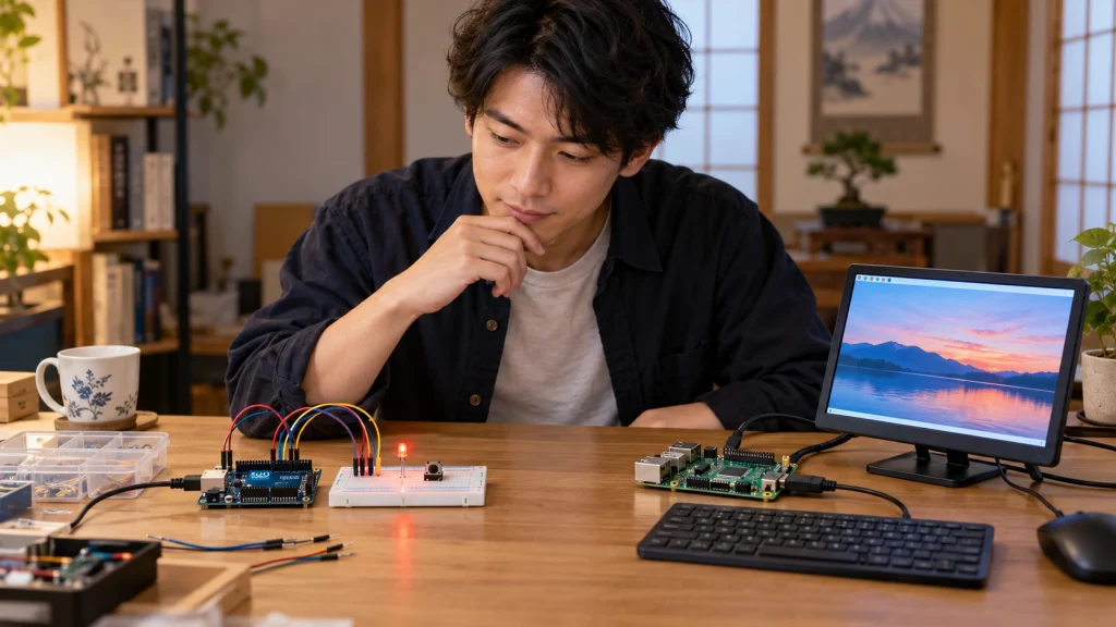 ArduinoとRaspberry Piの違いを電子工作環境で比較する様子