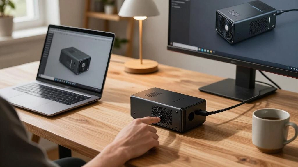 ノートPCとeGPUをケーブルで接続し、外付けGPUからモニターへ直接映像出力する様子