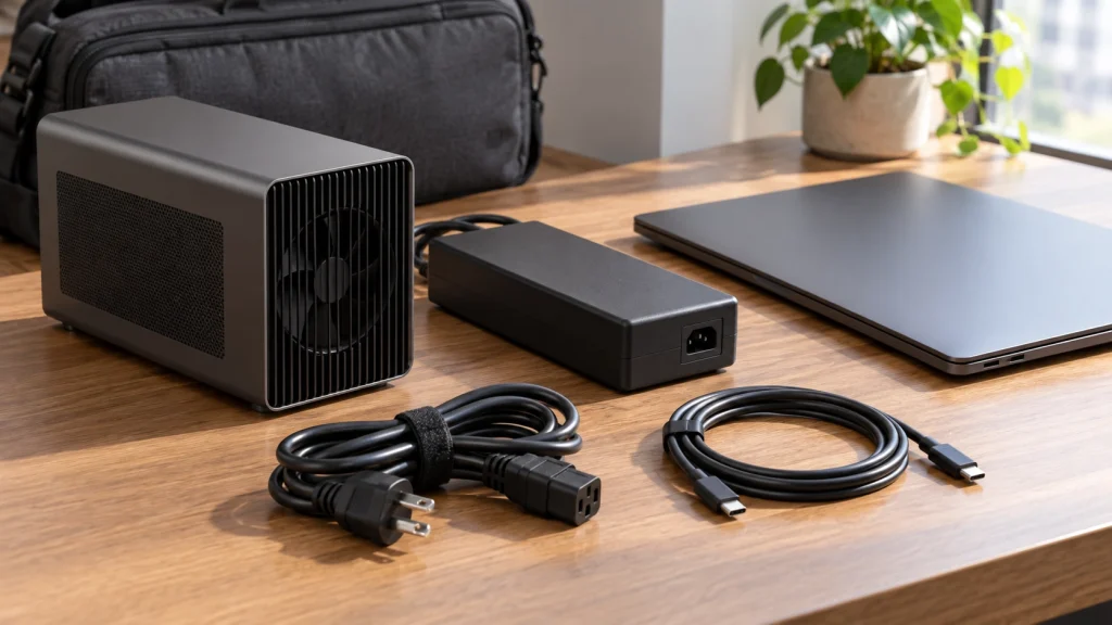 持ち運びに必要な小型eGPU本体とACアダプター、電源ケーブル、USB-Cケーブル