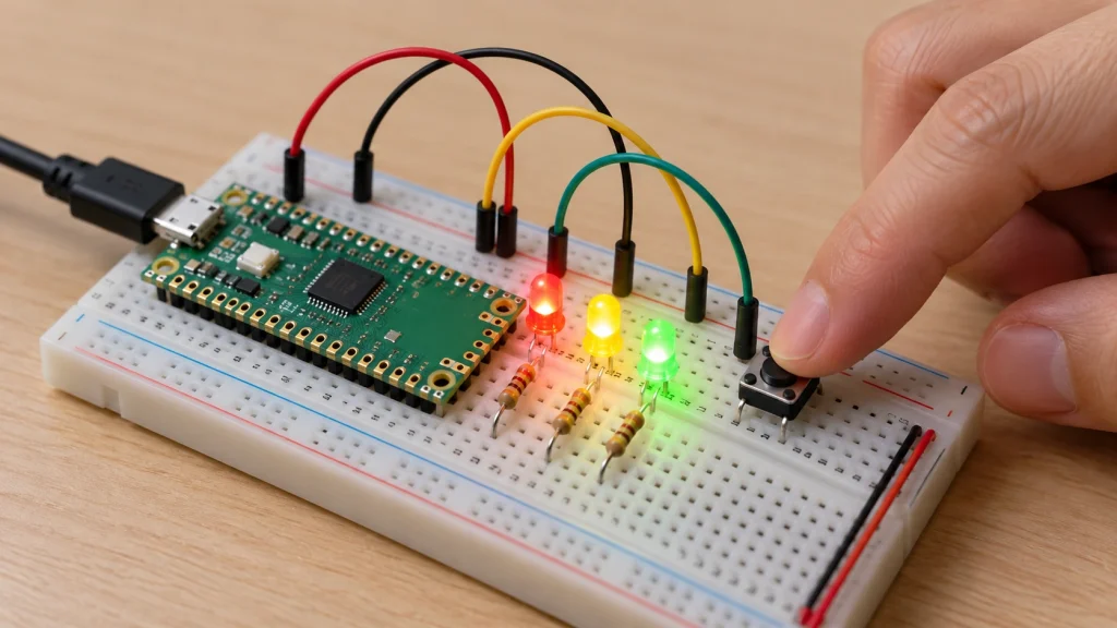 Raspberry Pi PicoでLEDと押しボタンを制御する電子工作