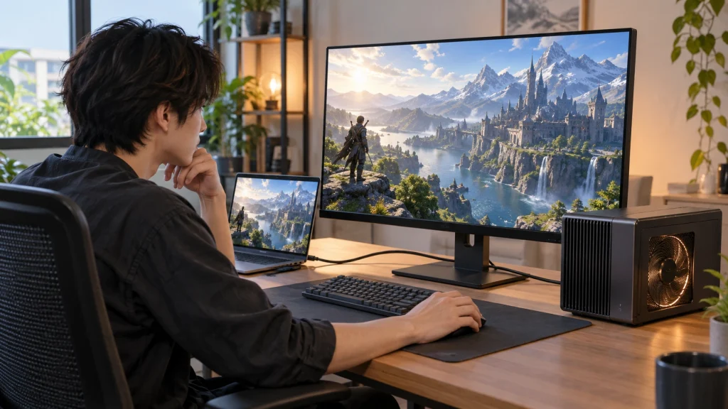 ノートPCと外付けGPUボックスを接続し、大型モニターでゲームを表示するeGPU環境